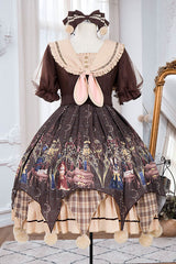 Brown Alchemist Cartoon Anime Print Doll Collar Bowknot Short Sleeves Multi-Layer Pompom Sweet Lolita OP Dress - Product - 5