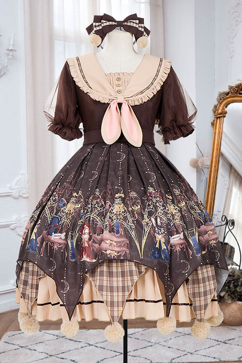 Brown Alchemist Cartoon Anime Print Doll Collar Bowknot Short Sleeves Multi-Layer Pompom Sweet Lolita OP Dress - Product - 5