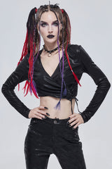 Black Shiny Vertical Grain Texture Tied Rope Decoration Hooded Short Women's Punk T-Shirt - Product - 2