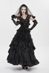 Black V Collar Short Sleeves Embroidered Lace Lace-Up Slim Women's Gothic Top - Product - 10