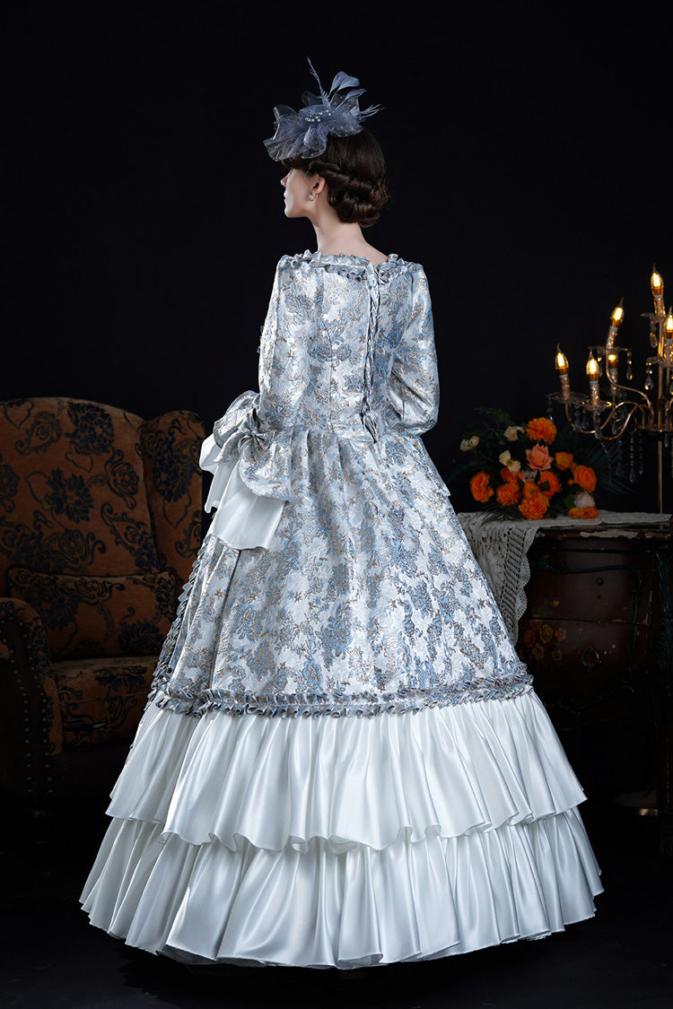 Blue Square Collar Long Trumpet Sleeves Double-Layered Ruffled Embroidered Open-Front Bow Classic Vintage Palace Lolita Victorian Dress - Product - 3