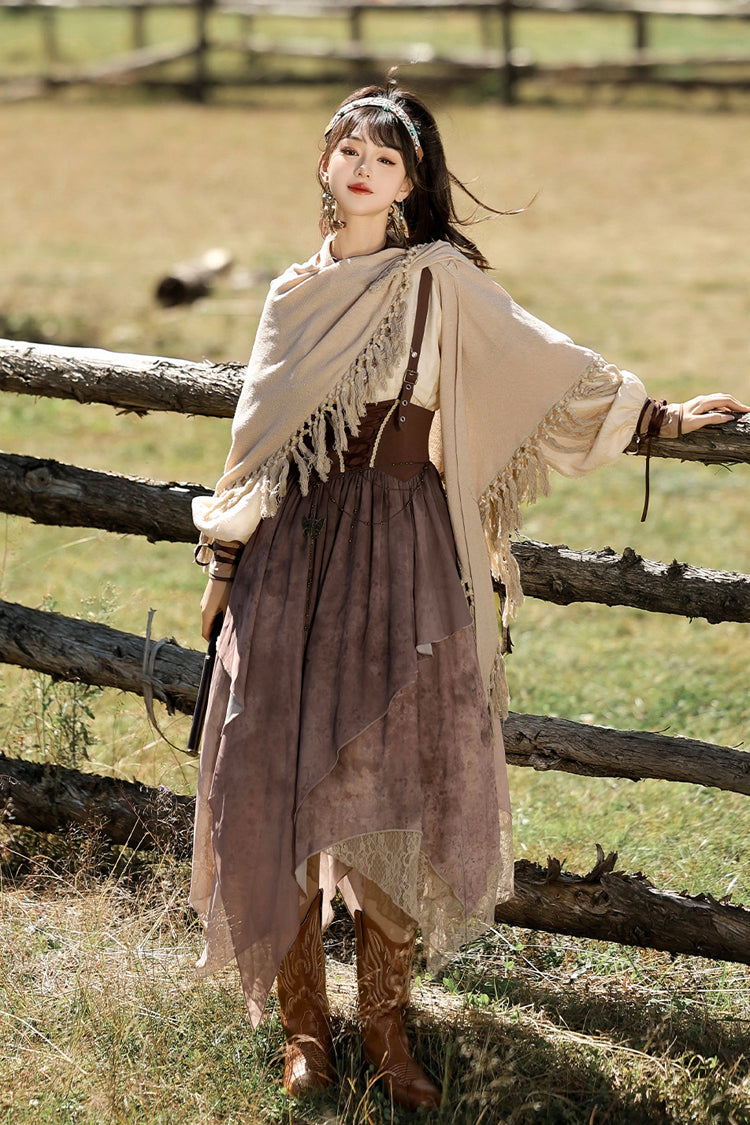 Brown [Sunset Yellow Sand] Print Irregular Asymmetric Classic Vintage Lolita Dress Set - Product - 5