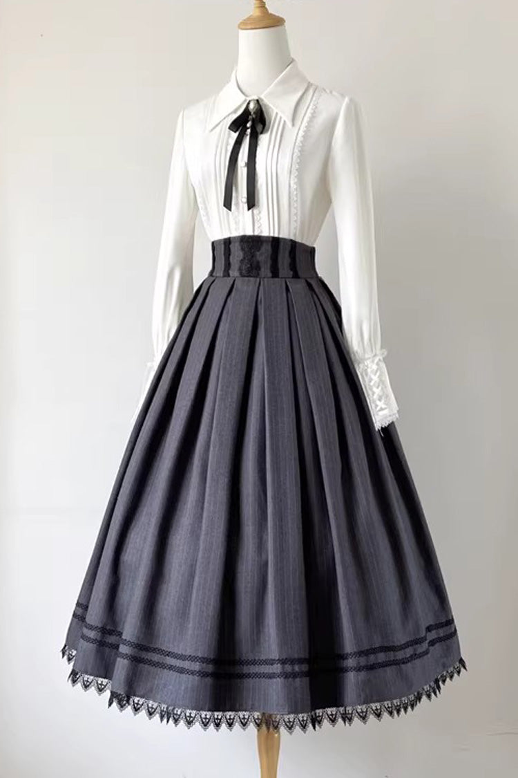 Grey [Griffin’s Pact] Striped Printed Ruffled Gothic Lolita Skirt Vest Set - Skirt - 5