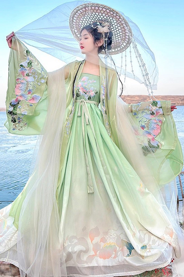 Green Tang Dynasty Long Trumpet Sleeves Print Embroidery Sweet Hanfu Dress - Green - 1