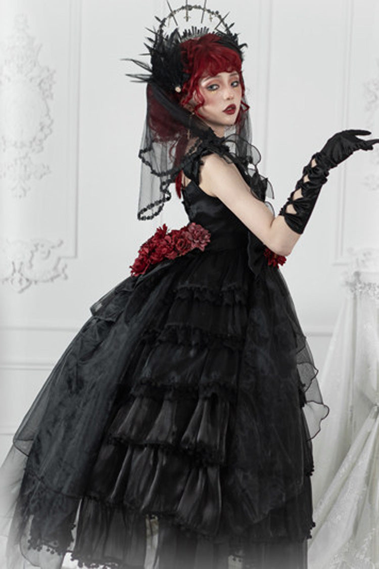 Black Multi-Layered Ruffled Hanayome Bow Pearl-Decorated Gothic Lolita Jsk Dress Full Set 2 Versions - Product - 4
