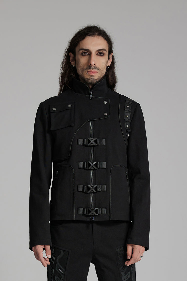 Black Buckle-up Rivets Long Sleeves Men's Punk Jacket - Black - 1
