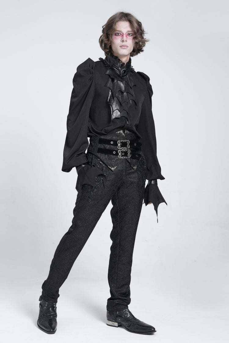 Black Stand Collar Long Puff Sleeves Men's Gothic Batlike Blouse - Product - 9