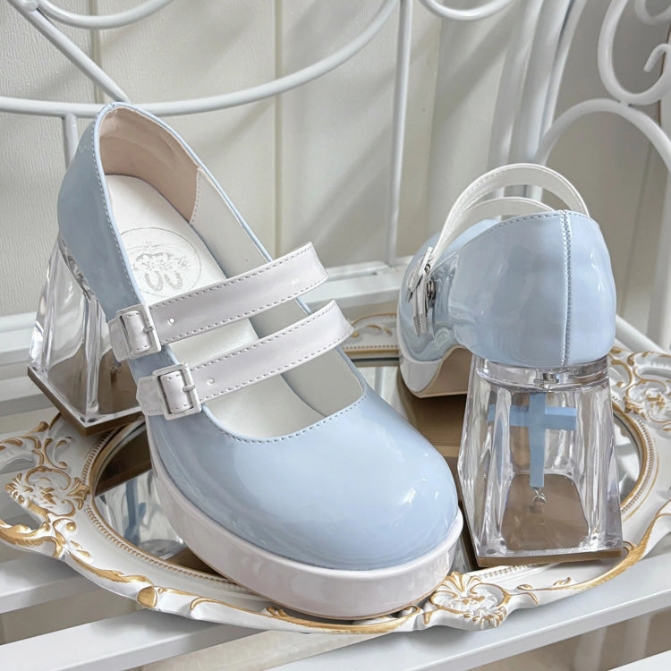 Gothic Sweet Lolita Cross-Shaped Transparent Block Heel Shoes - Blue/White - 4