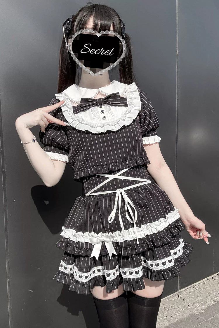 Black [Starry Tulle] Doll Collar Short Sleeves Double-Layered Striped Printed Ruffled Bow Gothic Jirai Kei Japanese Skirt Set - Product - 11