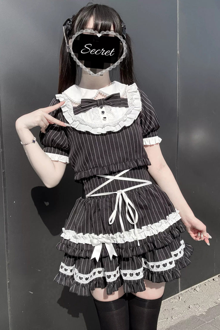 Black [Starry Tulle] Doll Collar Short Sleeves Double-Layered Striped Printed Ruffled Bow Gothic Jirai Kei Japanese Skirt Set - Product - 11