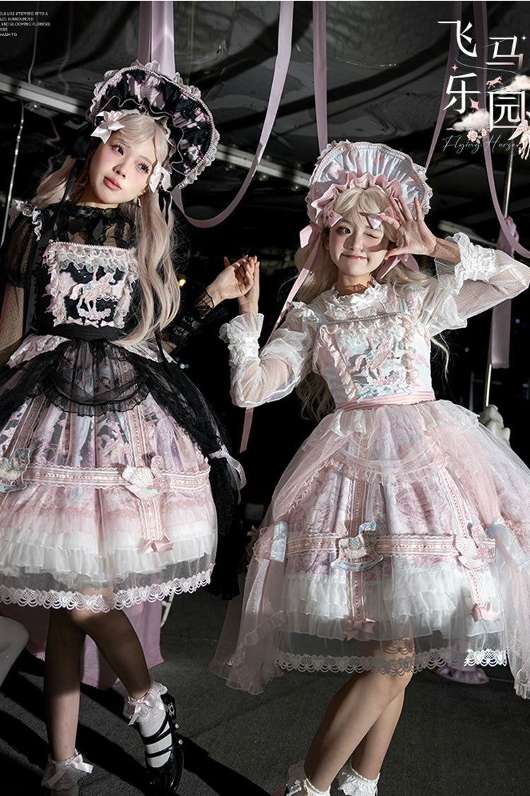 Pink/Blue [Pegasus Park] Multi-Layered Print Ruffle Bowknot Lace Sweet Gorgeous Lolita Jsk Dress - Product - 10