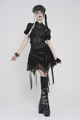 Black Double-Layered Lace Lace-Up Irregular Mesh Eyelet Women's Punk Skirt - Product - 10