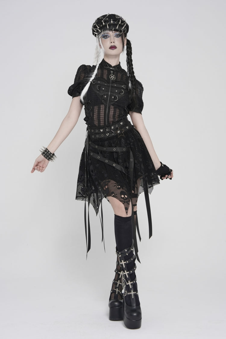 Black Double-Layered Lace Lace-Up Irregular Mesh Eyelet Women's Punk Skirt - Product - 10