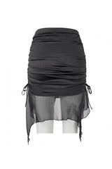 Black Translucent Chiffon Lace Hem Side Lace Up Cover Hip Gothic Swimsuit Fishtail Skirt - Product - 12
