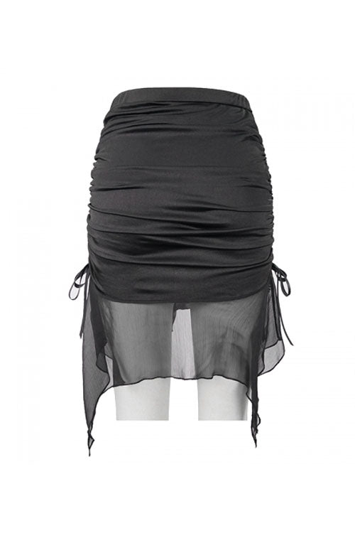 Black Translucent Chiffon Lace Hem Side Lace Up Cover Hip Gothic Swimsuit Fishtail Skirt - Product - 12
