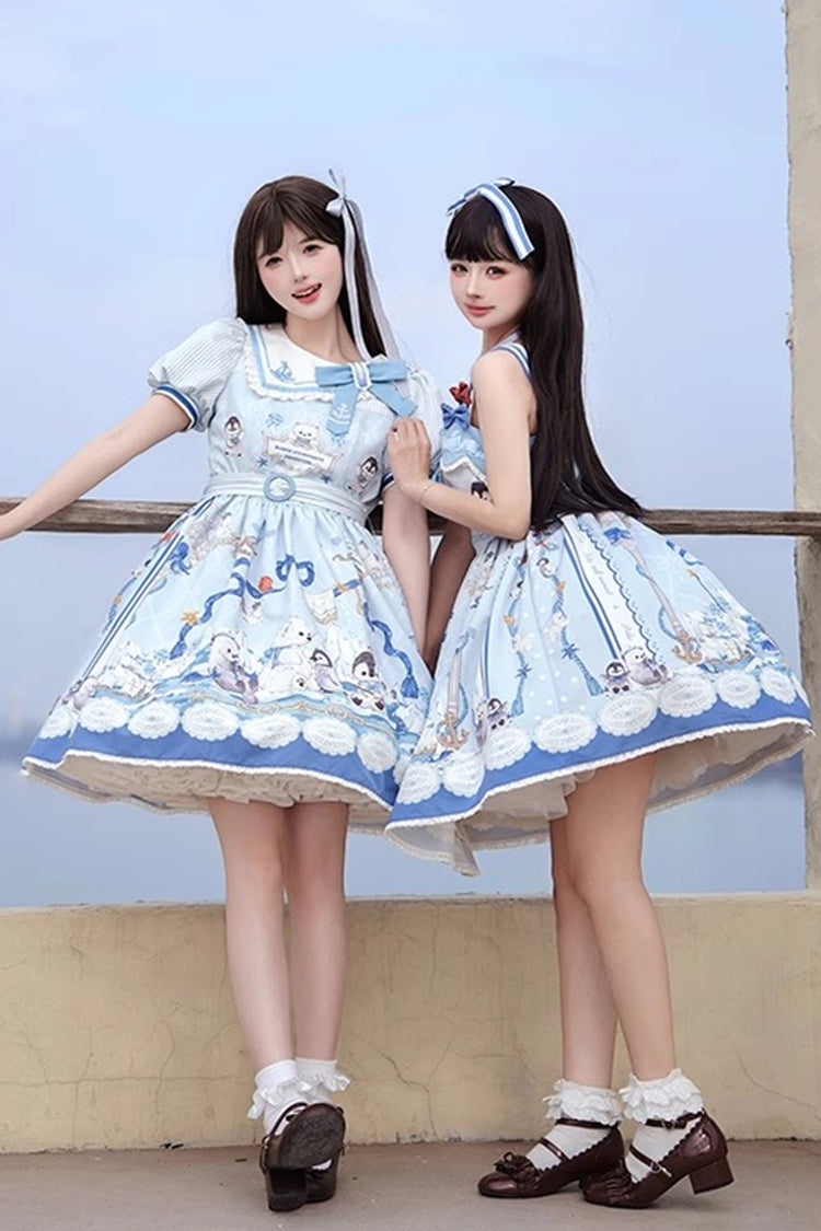 Blue [Penguin Navy] Print Ruffle Bowknot Sweet Princess Lolita Jsk Dress - Product - 7