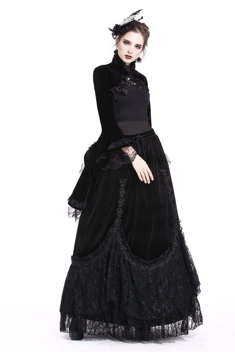 Black Lace Stand Collar Multi-Layered Long Trumpet Sleeves Rosette Velour Women's Gothic Bolero - Product - 10
