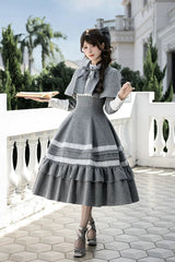 Grey [Letters and Poems · Old Memories] Stand Collar Long Sleeves Double-Layered Ruffled Bow Classic Elegant Lolita Dress 2 Versions - Product - 12