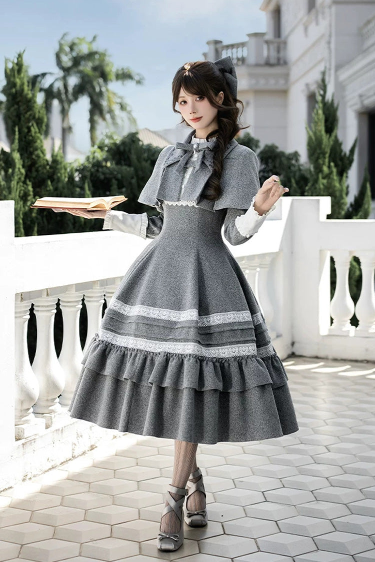 Grey [Letters and Poems · Old Memories] Stand Collar Long Sleeves Double-Layered Ruffled Bow Classic Elegant Lolita Dress 2 Versions - Product - 12