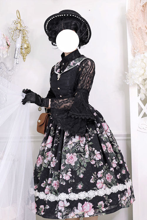 Black Elegant Vintage French Rose Floral Print V Collar Sleeveless Ruffled Classic Lolita JSK Dress - Product - 4