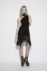 Black Lace Lace-Up Irregular Mesh Pleated Eyelet Women's Punk Skirt - Black - 1