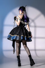 Black/Blue [Universe] Off Shoulder Halterneck Sleeveless Print Embroidery Cardigan Gothic Princess Lolita Dress - Product - 9