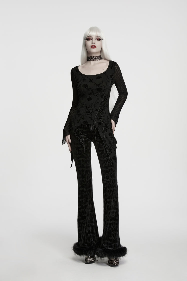 Black Round Collar Long Sleeves Jacquard Lace-Up Asymmetric Women's Gothic Elegant Top - Black - 1