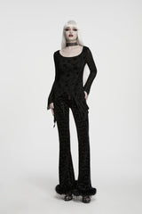 Black Round Collar Long Sleeves Jacquard Lace-Up Asymmetric Women's Gothic Elegant Top - Black - 1