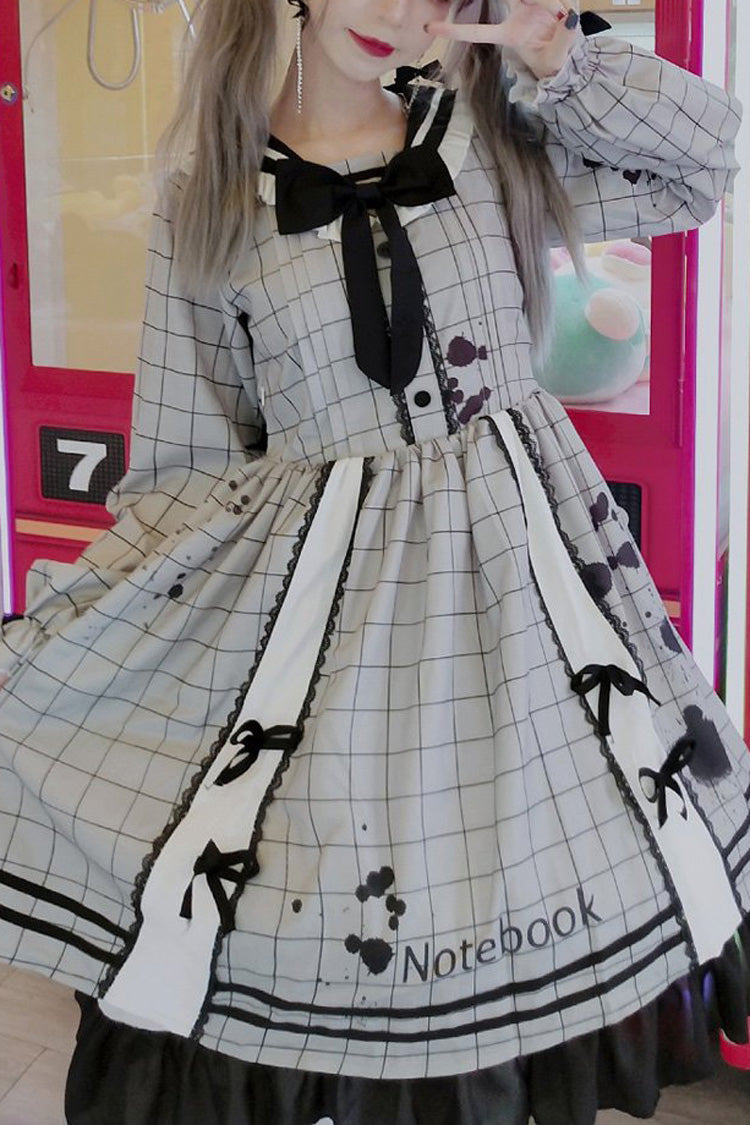 Grey College Style Navy Collar Plaid Leaking Ink Pen Print Ruffled Sweet Lolita Op Dress - Product - 1