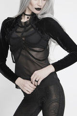 Black Front Beads Chain Decoration Velvet Frill Shawl Mesh Women's Gothic T-Shirt - Black - 1