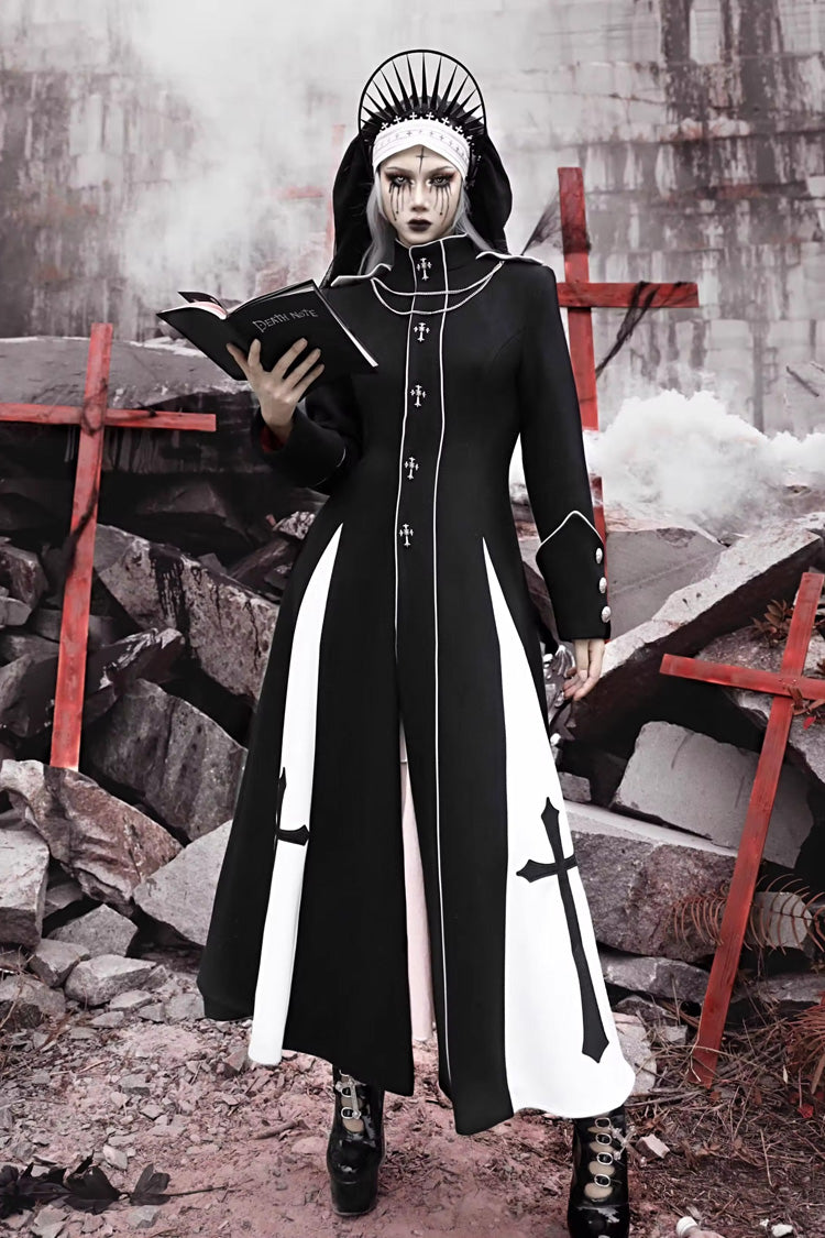 Black [The Trial of a Nun] Cross Print Hollow Cardigan Stitching Gothic Lolita Long Coat - Black - 1