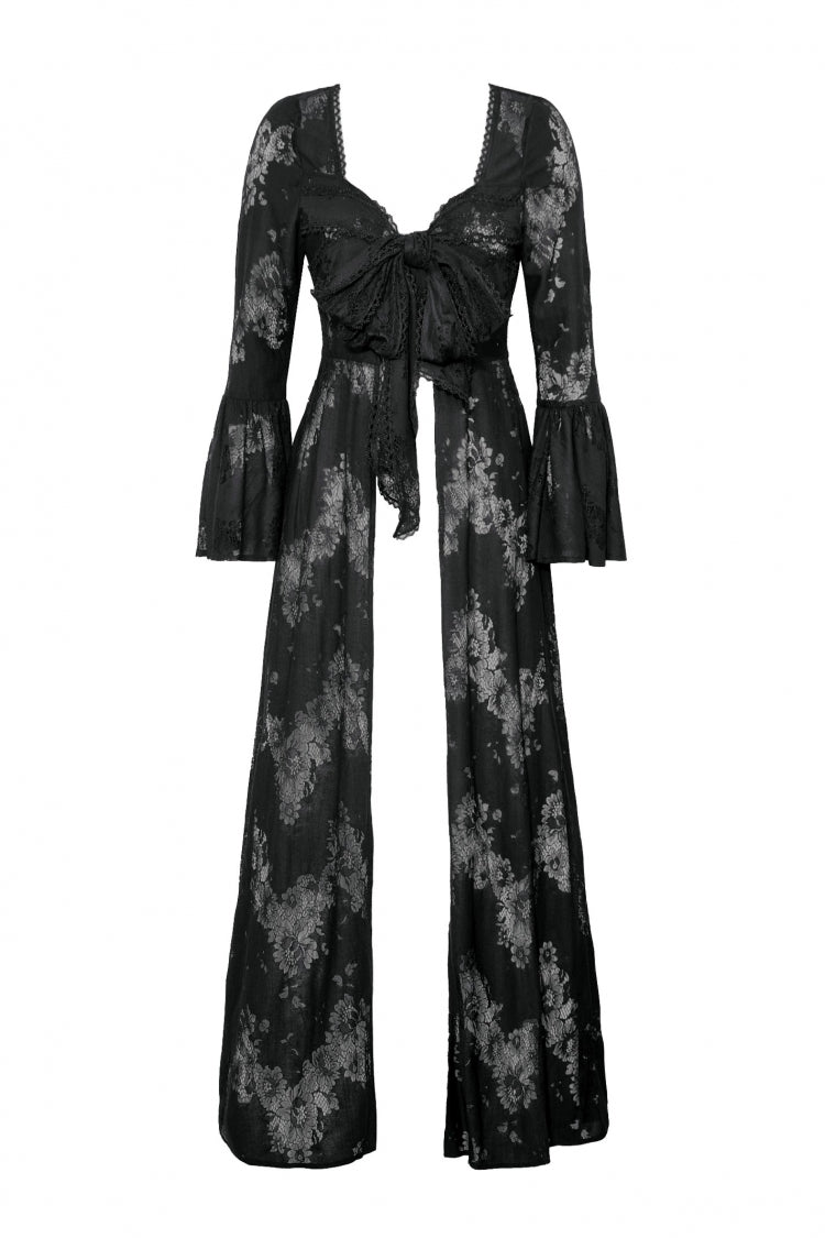 Black Long Flared Sleeves Lace Trimmed Lace-Up Women's Gothic Elegant Robe - Product - 3