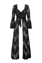 Black Long Flared Sleeves Lace Trimmed Lace-Up Women's Gothic Elegant Robe - Product - 3
