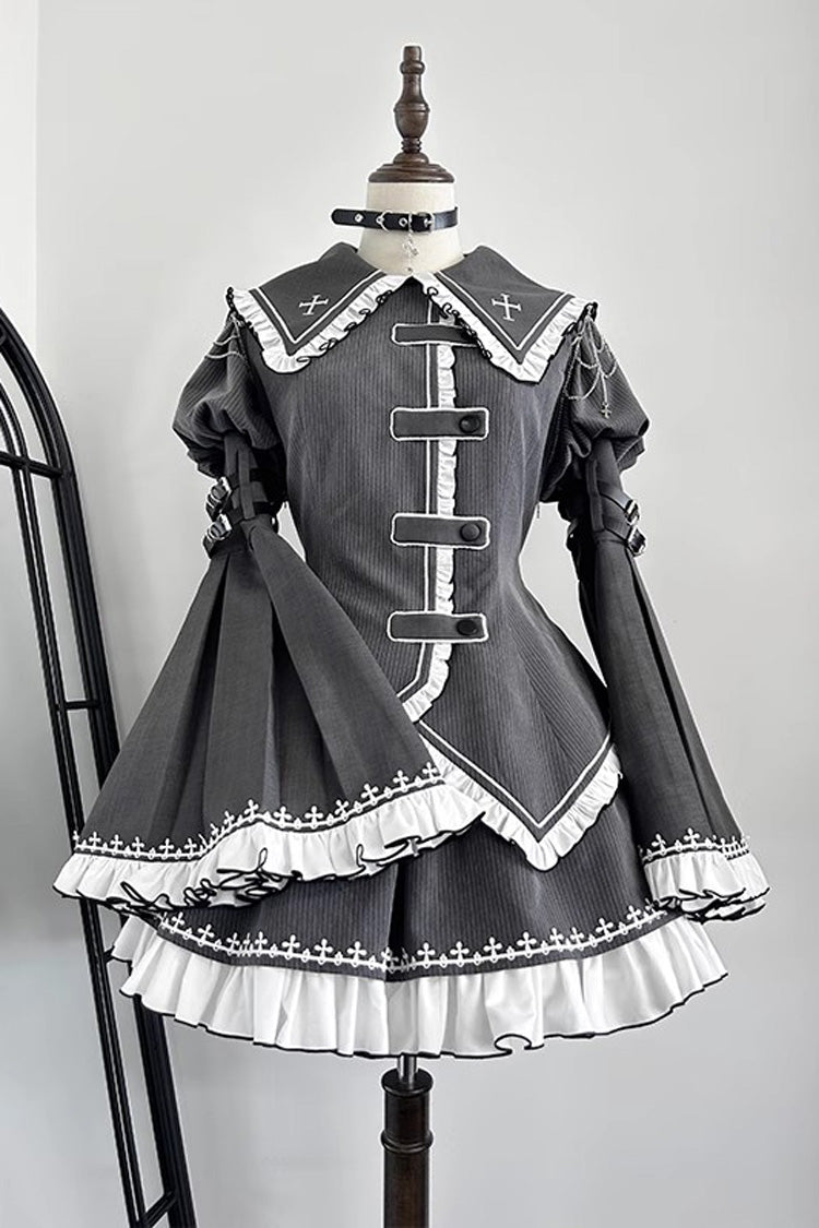 Grey Long Hime Sleeves Ruffle Embroidery Buckle Gothic Japanese Lolita Skirt Set - Grey - 1