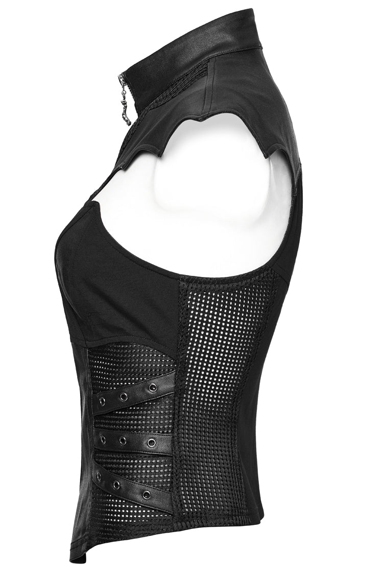 Black Sleeveless Hollow Stretch Knitted Stitching Womens Bat Wings Steampunk Vest - Product - 8