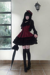 [Escape] Double-Layered Jacquard Striped Printed Ruffled Slim Gothic Lolita Jumper Dress 3 Colors - Product - 12
