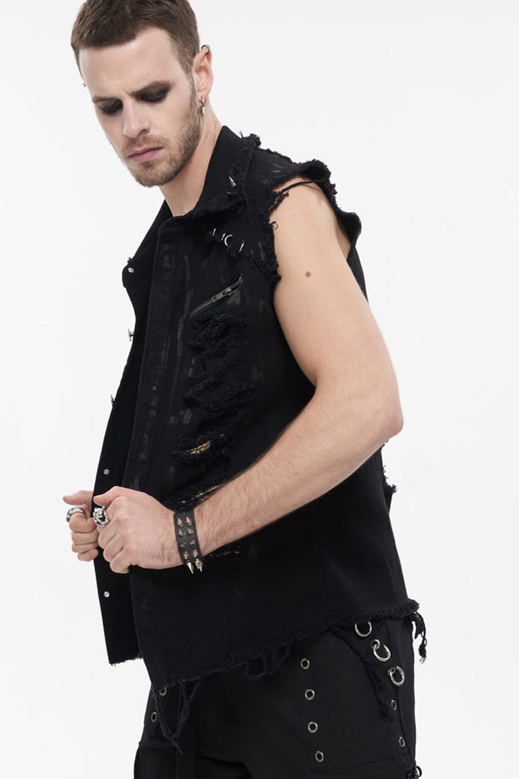 Black Punk Standing Collar Irregular Hand-Painted Sleeveless Metal Decoration Tattered Men's Shirt - Product - 3