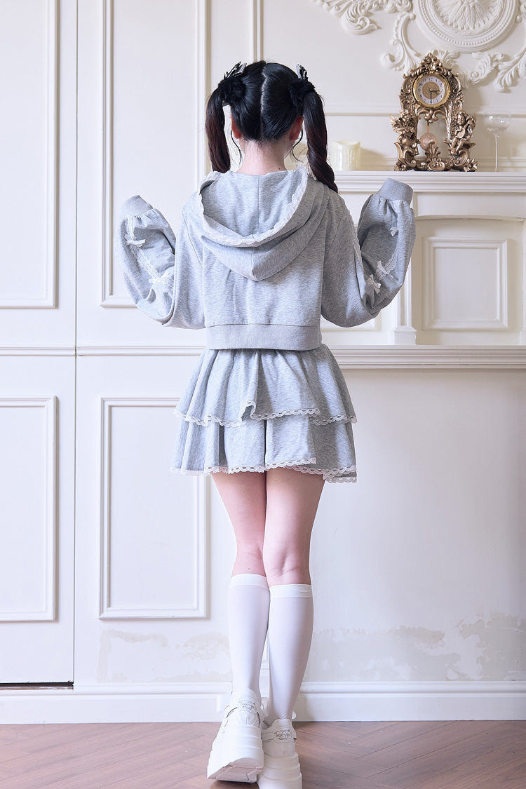 Sweet Long Sleeves Bowknot Lace Hooded Jirai Kei Hoodie Skirt Set 3 Colors - Product - 3