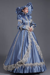 Blue High Collar Long Sleeves High Waisted Hollow Embroidery Floral Print Ruffled Victorian Lolita Prom Dress - Product - 3