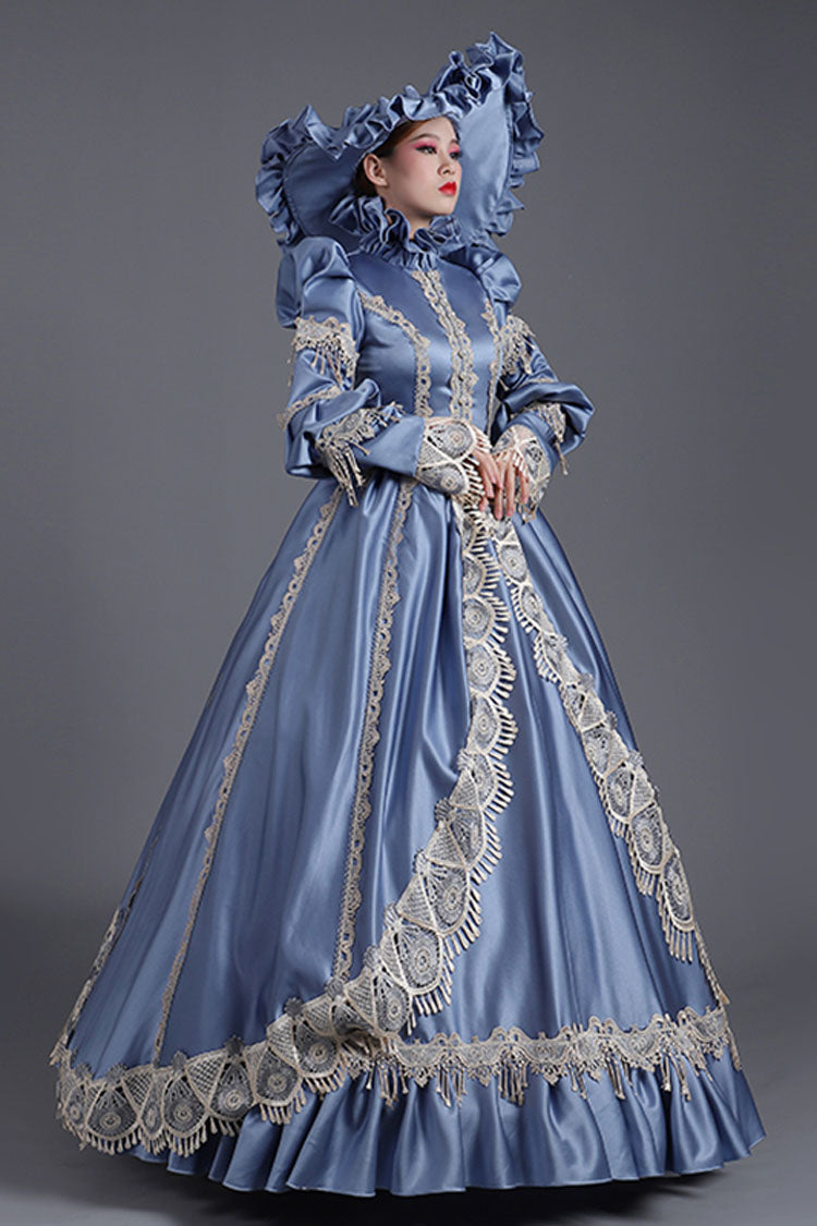 Blue High Collar Long Sleeves High Waisted Hollow Embroidery Floral Print Ruffled Victorian Lolita Prom Dress - Product - 3