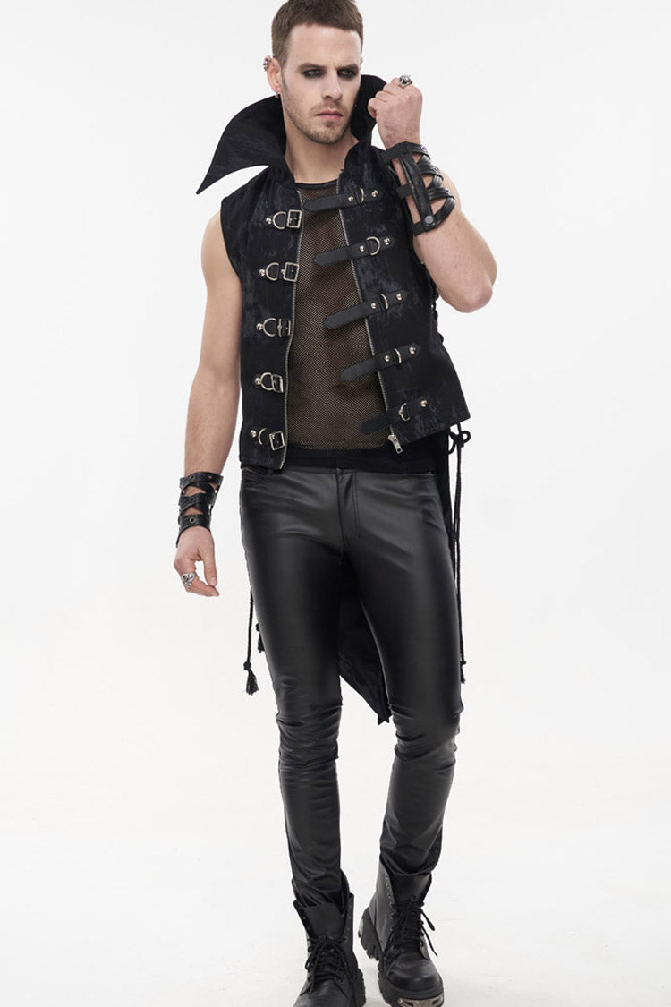 Black Punk Irregular Print D-Shaped Buckle Decoration Waist Side Slits Tied Rope Tight Zipper Men's Dovetail Vest - Product - 6
