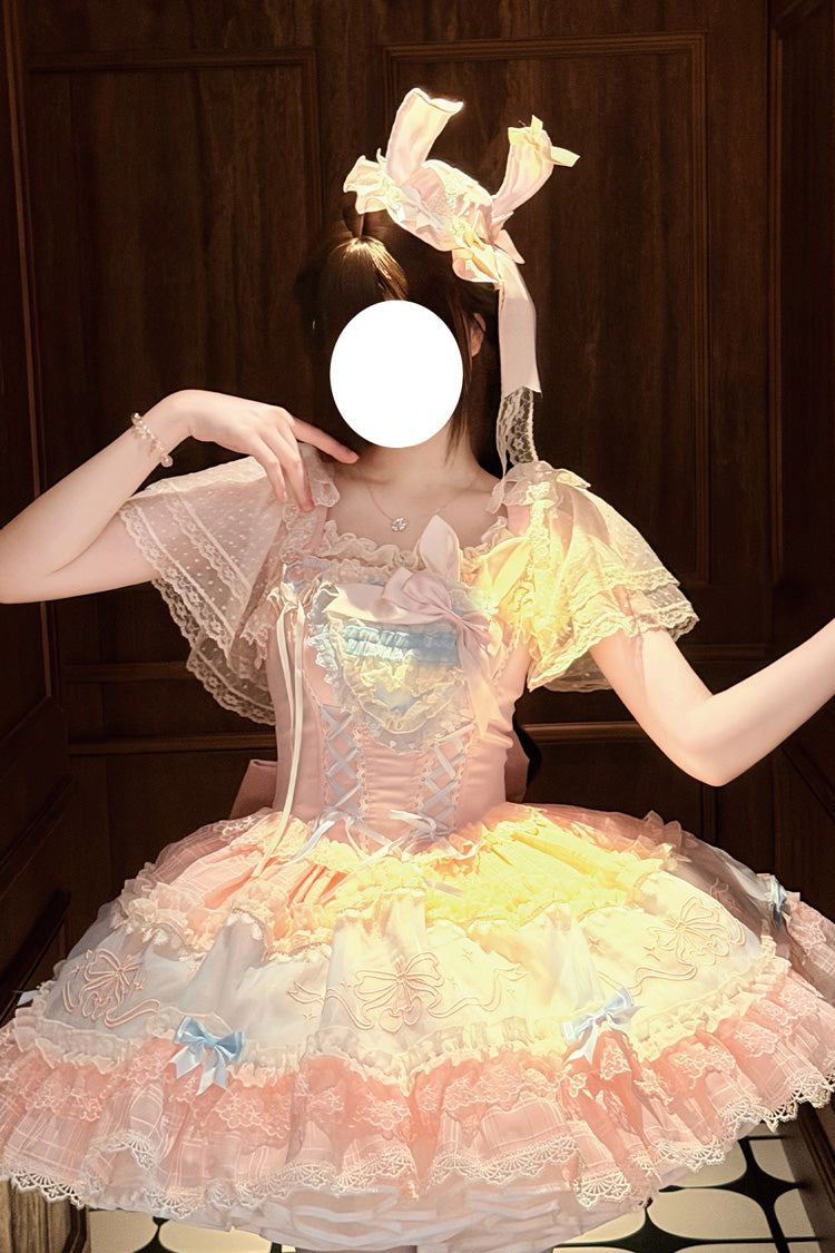 Blue/Pink [Sweetheart Bunny] Square Collar Flutter Sleeves Multi-Layered Jacquard Ruffled Embroidered Bow Lace Sweet Lolita Jsk Dress - Product - 6