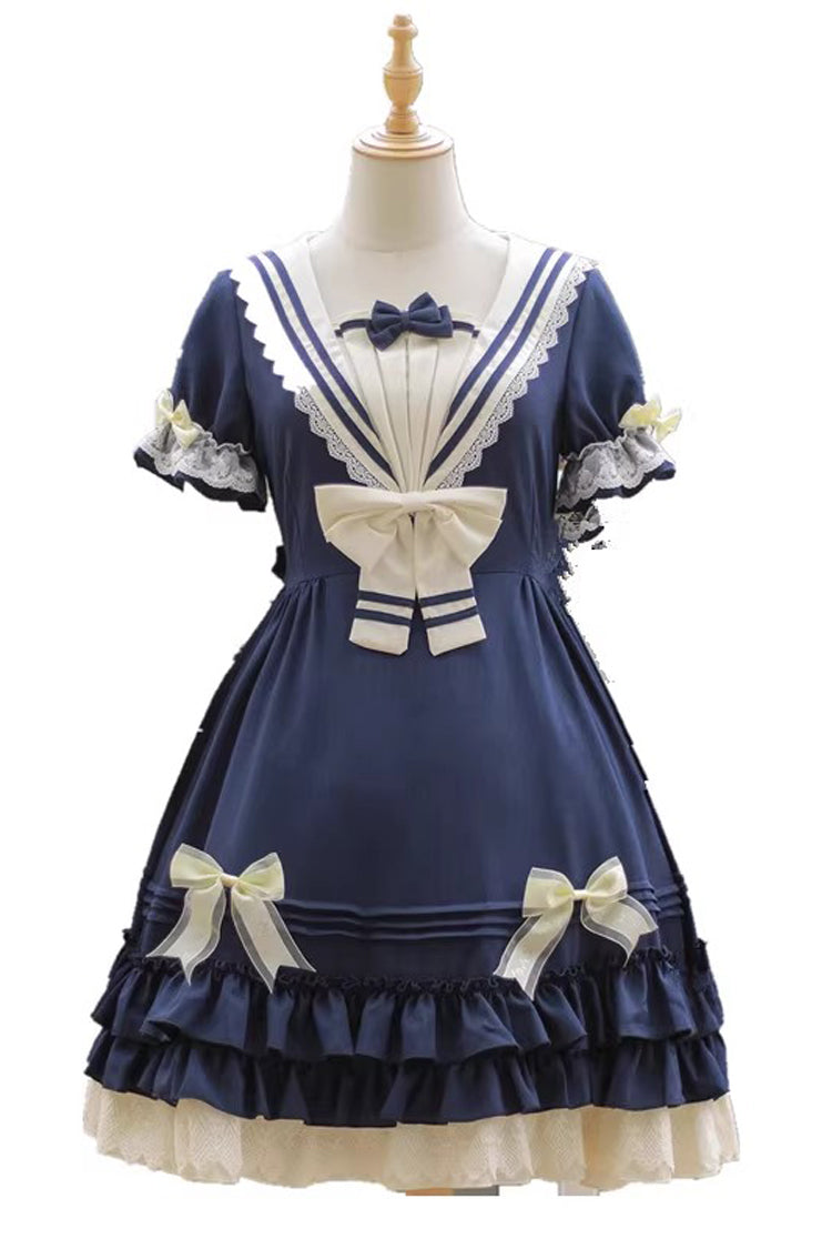 【Rhine River Navy Style】スイートロリータワンピース｜半袖、リボン – 記載アイテムのみ 商品画像