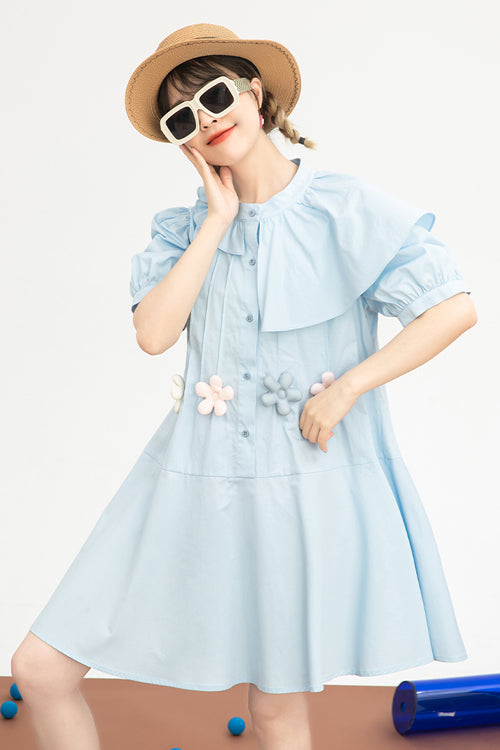 Blue Irregular Ruffled Round Collar Bubble Short Sleeves Waist With Flower Accessories High Waisted Sweet Lolita Dress - Product - 7