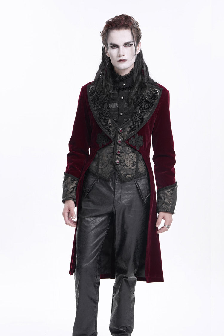 Wine Red Long Sleeves Button Floral Embroidery Men's Gothic Jacket - Product - 2
