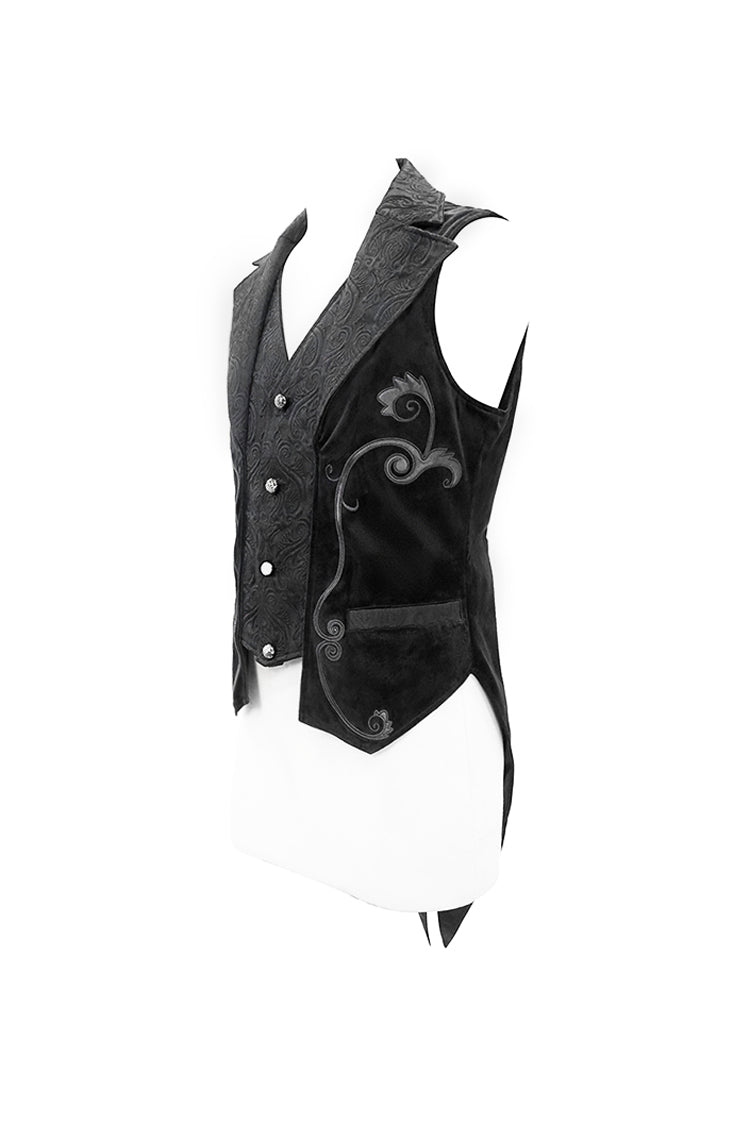 Black Fake Two Piece Leather Embroidered Swallow Tail Hem Men's Gothic Waistcoat - Product - 8