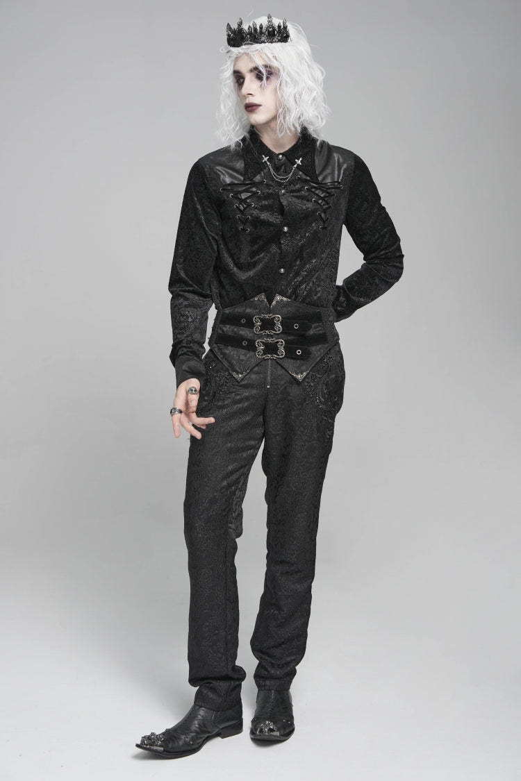 Black Lapel Collar Long Sleeves Print Embroidery Lace-Up Men's Gothic Blouse - Product - 2