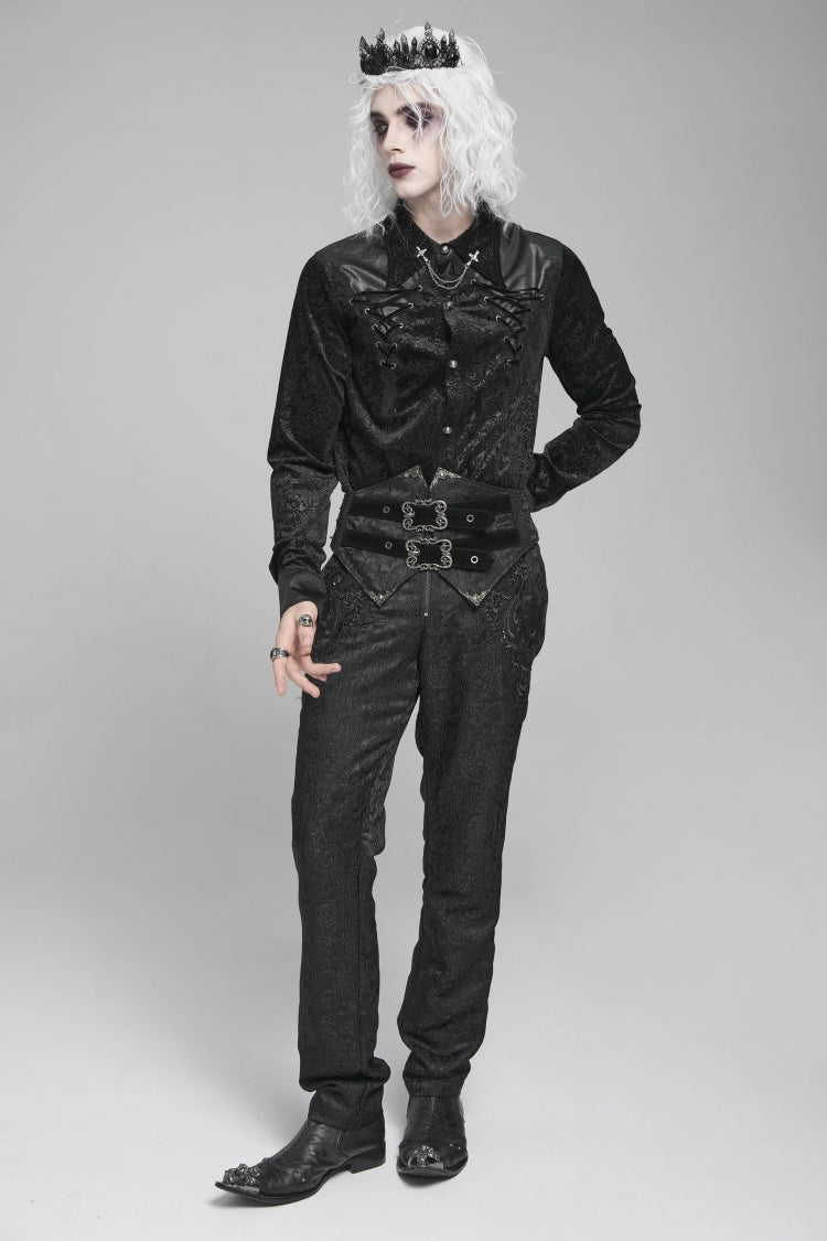 Black Lapel Collar Long Sleeves Print Embroidery Lace-Up Men's Gothic Blouse - Product - 2