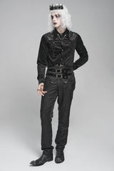 Black Lapel Collar Long Sleeves Print Embroidery Lace-Up Men's Gothic Blouse - Product - 2