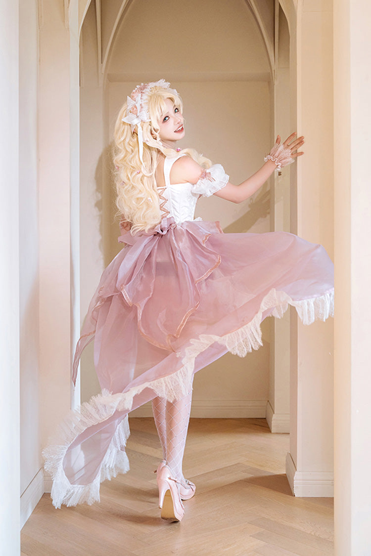 Pink/Purple [Rose Memoirs] Sleeveless Multi-Layered Bowknot Lace Sweet Lolita Skirt Set - Product - 14